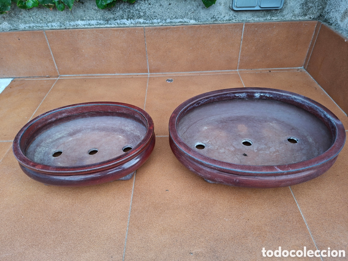Seconda Mano: Lote de 2 macetas ovaladas para Bons&aacute;i - Cer&aacute;mica esmaltada marr&oacute;n rojizo (35 cm y 28 cm)