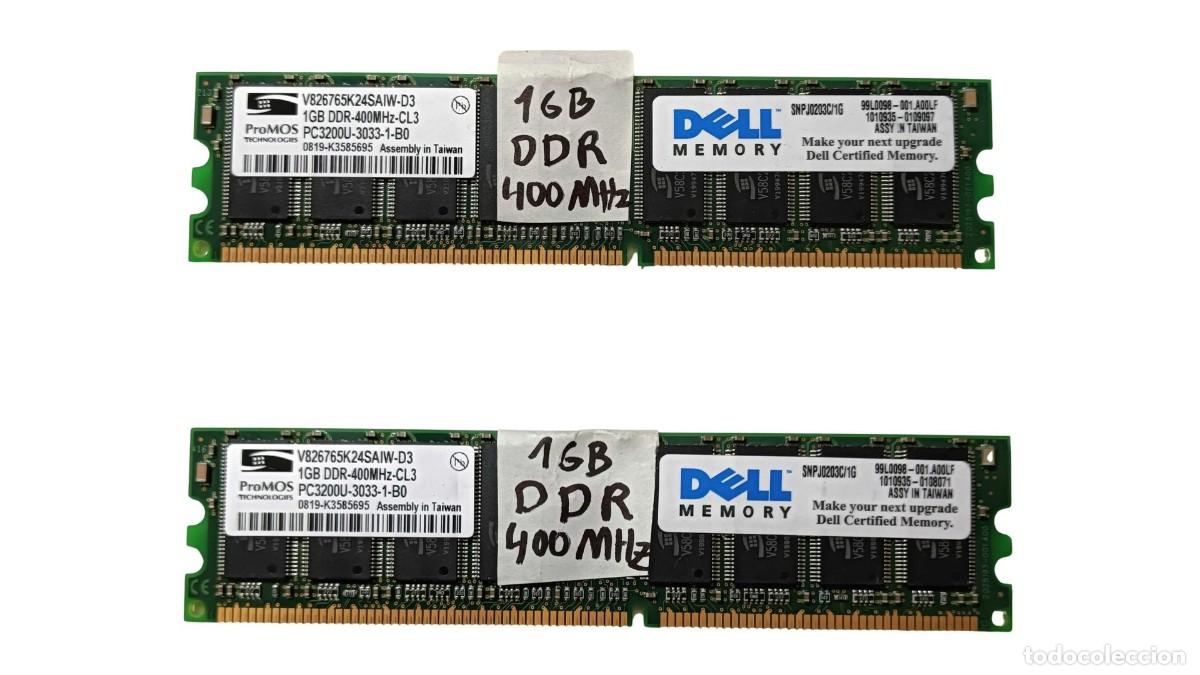 Segunda mano: 2 M&Oacute;DULOS MEMORIA RAM DELL PROMOS 1 GB DDR 400 MHZ PC3200U CL3 - LOTE 2 X 1 GB = 2 GB