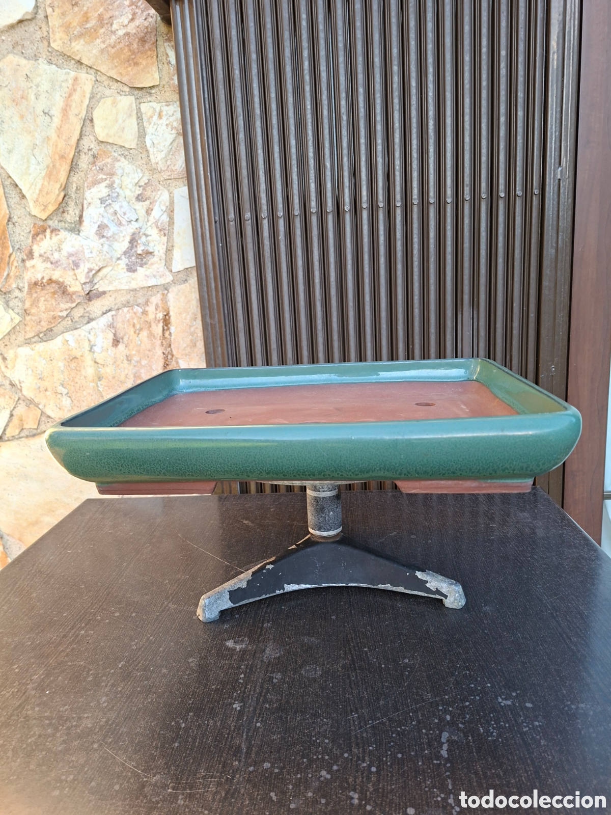 Segunda mano: Maceta rectangular para bonsai esmaltada de color verde. Grande (41x31x6)