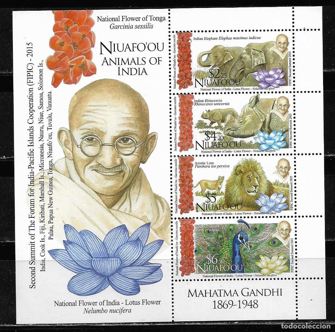 Sellos: NIUAFO'OU 2015, HOJA BLOQUE 67 - MAHATMA GANDHI - NATURALEZA. MNH.