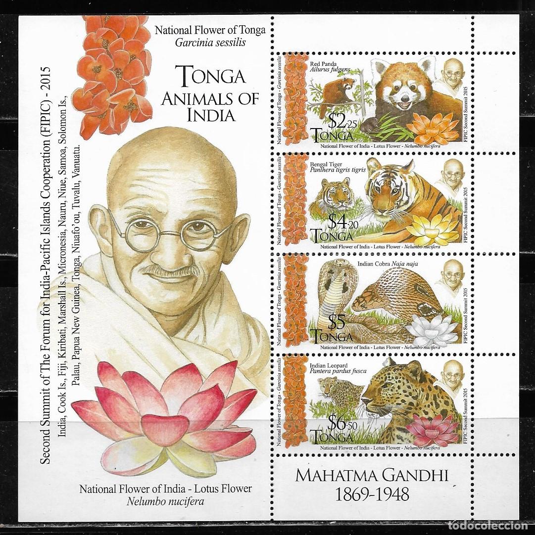 Sellos: TONGA 2015, HOJA BLOQUE 100 - MAHATMA GANDHI - NATURALEZA. MNH.