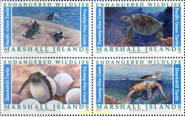 Sellos: 153694 MNH MARSHALL Islas 1990 TORTUGAS EN PELIGRO DE EXTINCION. TORTUGA VERDE Y TORTUGA CAREY