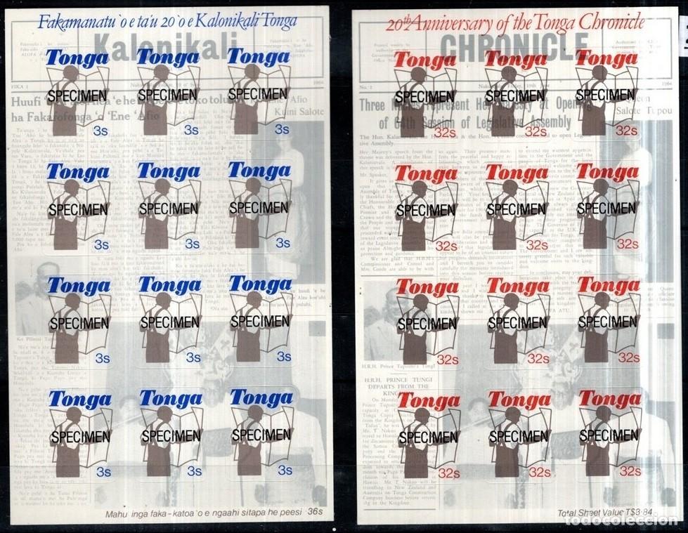 Sellos: TONGA 1984 2 SHEETS MNH SPECIMEN 20th ANIVERSARIO DEL PERIODICO NEWSPAPER ANNIVERSARY