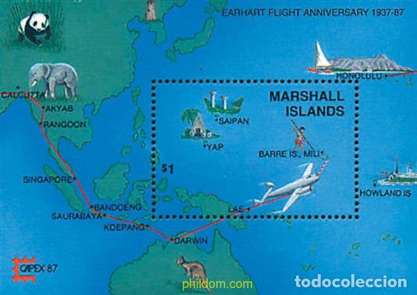 Sellos: 75043 MNH MARSHALL Islas 1987 50 ANIVERSARIO DEL INTENTO DE LA VUELTA AL MUNDO EN AVION DE AMALIE E