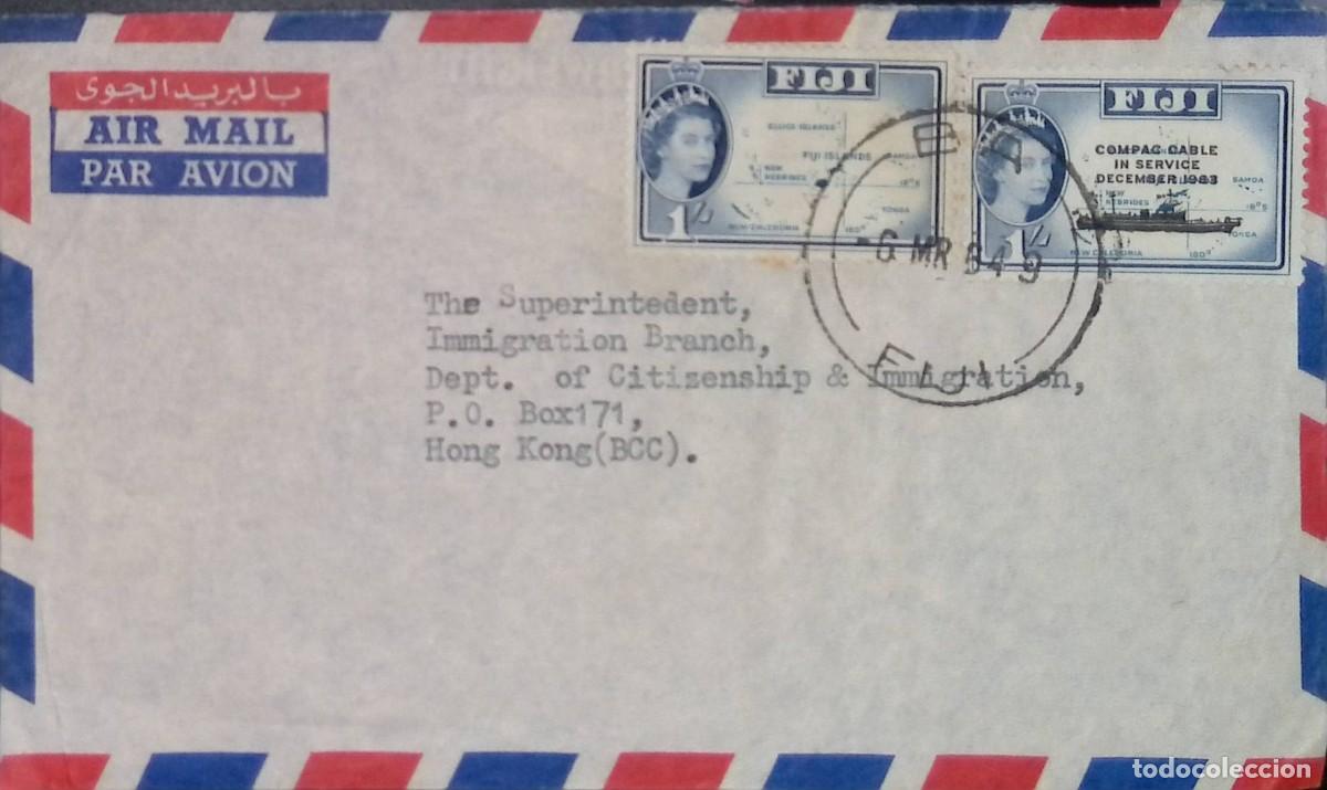 Sellos: o) 1949 FIJI, QUEEN ELIZABETH II,COMPAC CABLE IN SERVICE, CS RETRIEVER SHIP,CIRCULATED TO HONG KONG