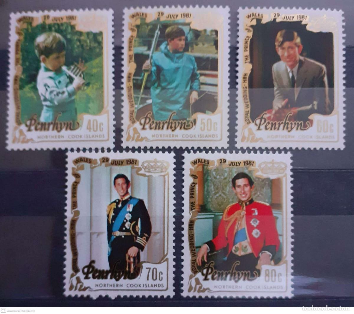 Sellos: PENRHYN n&ordm; 179/183** Matrimonio del pr&iacute;ncipe Carlos y Diana Spencer. Serie completa