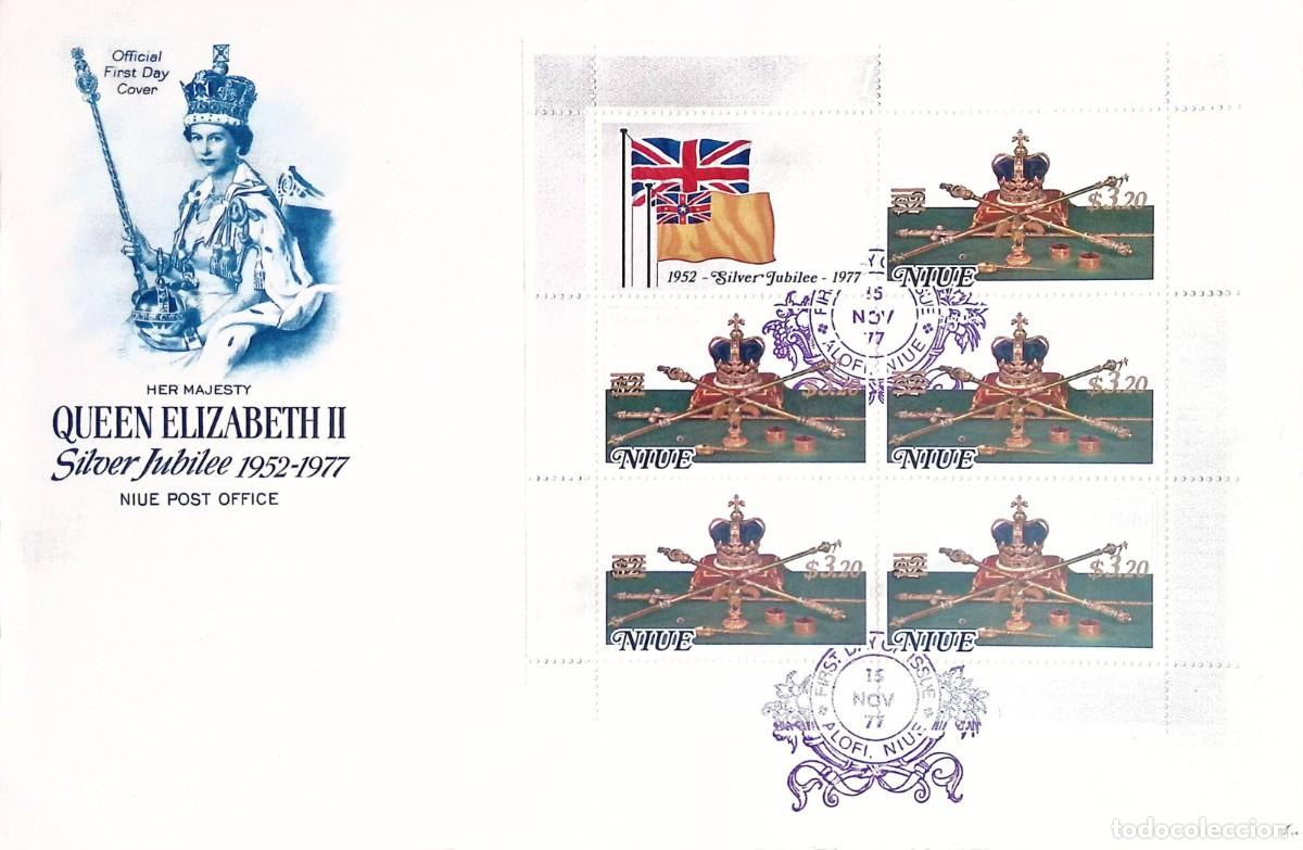Sellos: O) 1977 NIUE, QUEEN ELIZABETH II, NATIONAL SYMBOLS, FDC XF