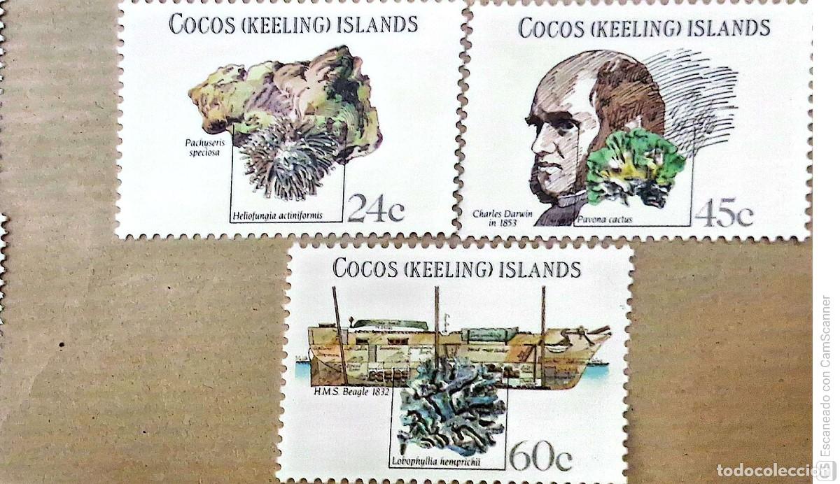 Sellos: Cocos. Aniversario del viaje de Charles Darwin a bordo del Beagle. Plantas marinas y barco. 1981. Se