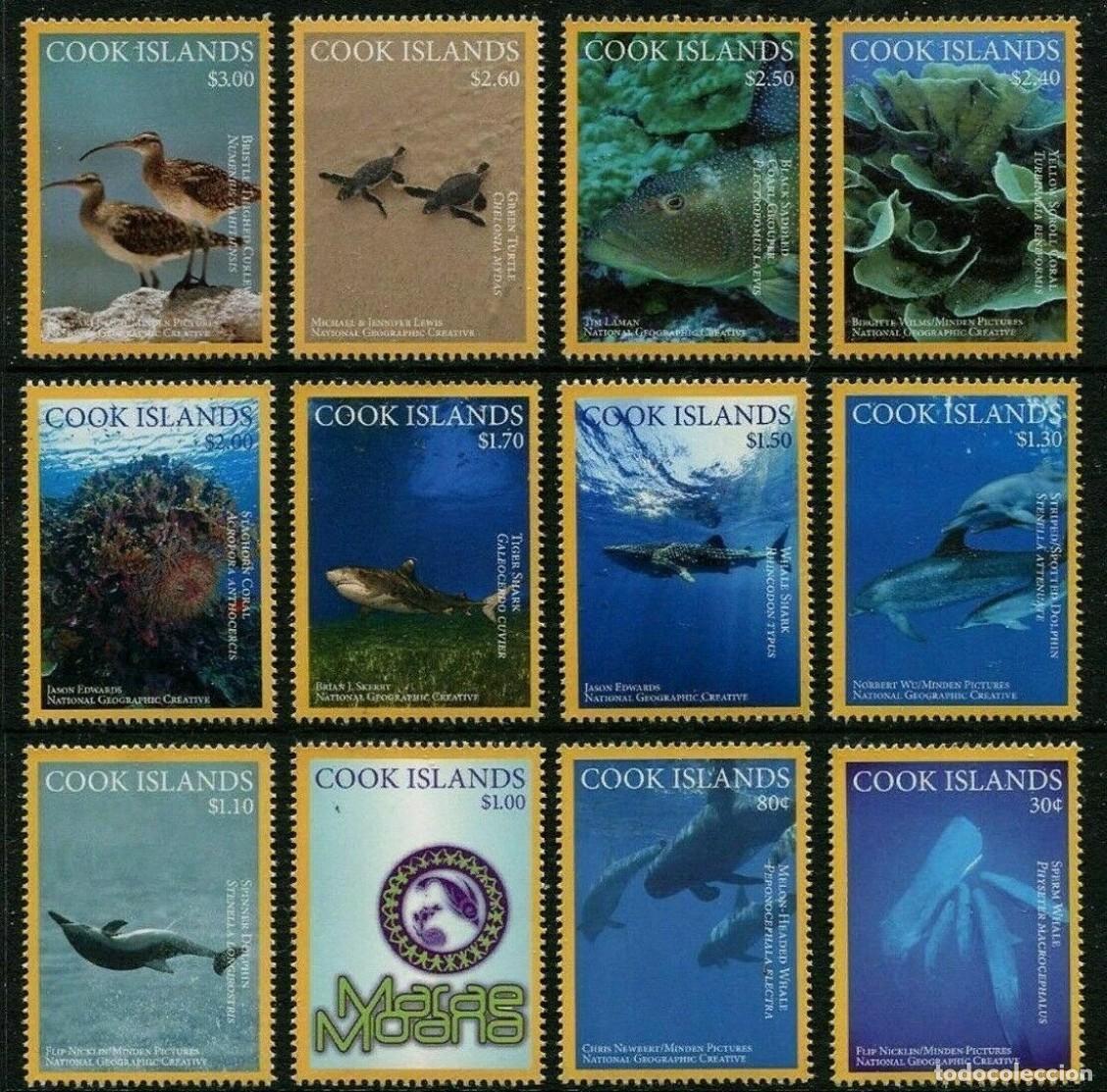 Sellos: COOK ISLANDS 2016 12 STAMPS MNH NATIONAL GEGRAPHIC FAUNA MARINA AVES DELFINES TIBURONES BALLENAS