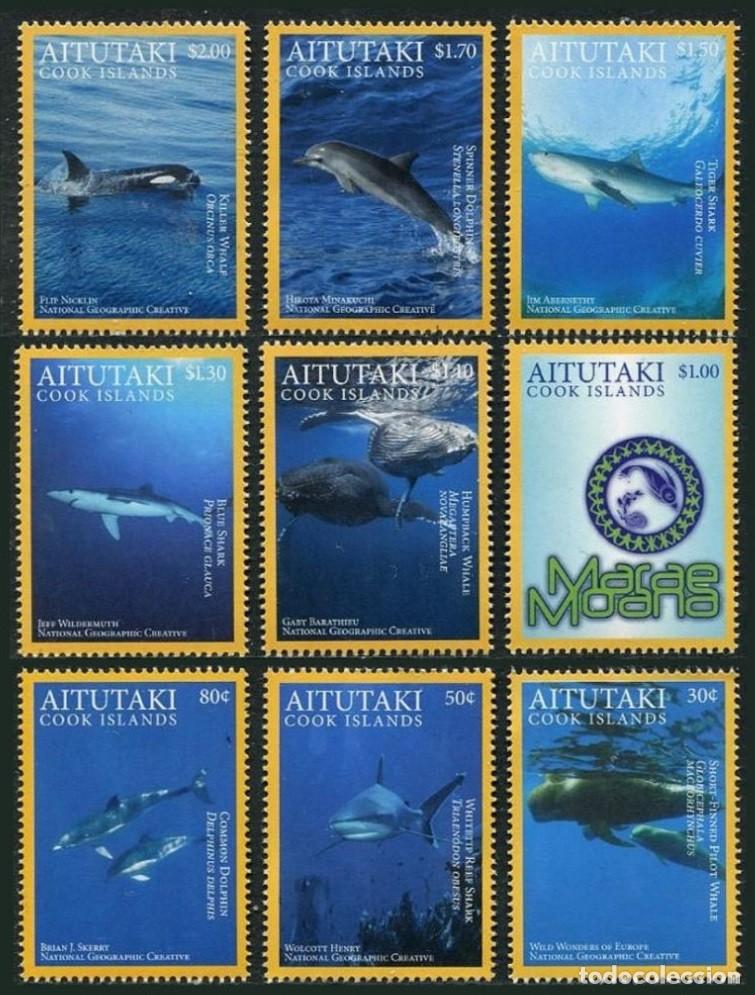 Sellos: AITUTAKI 2016 SERIE 9 STAMPS MNH NATIONAL GEOGRAPHIC FAUNA MARINA DELFINES TIBURONES BALLENAS ORCAS