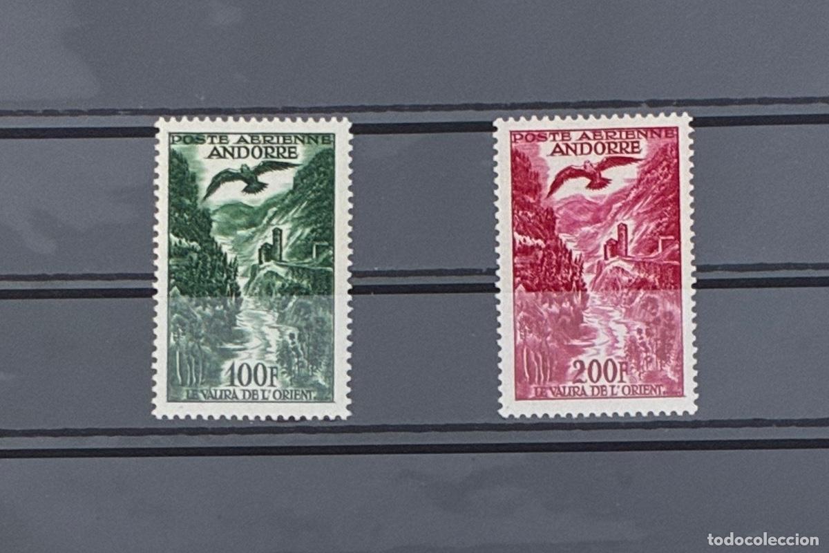 Sellos: ANDORRA FRANCESA. A&ntilde;o 1955/57. Yvert Aereo 2 y 3* Fijasellos