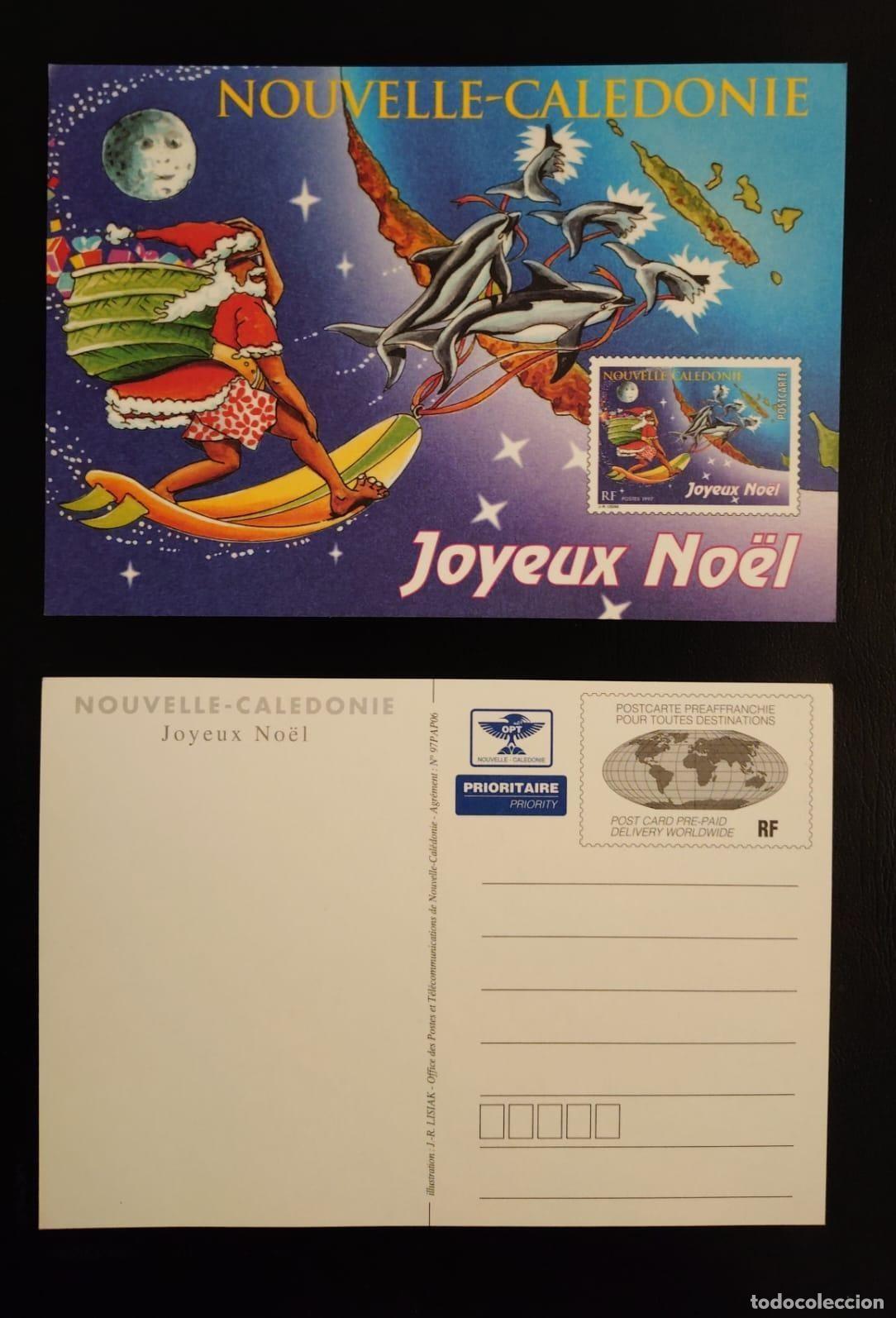 Sellos: Tarjeta postal completa de Nueva Caledonia Feliz Navidad delfines Pap&aacute; Noel surf