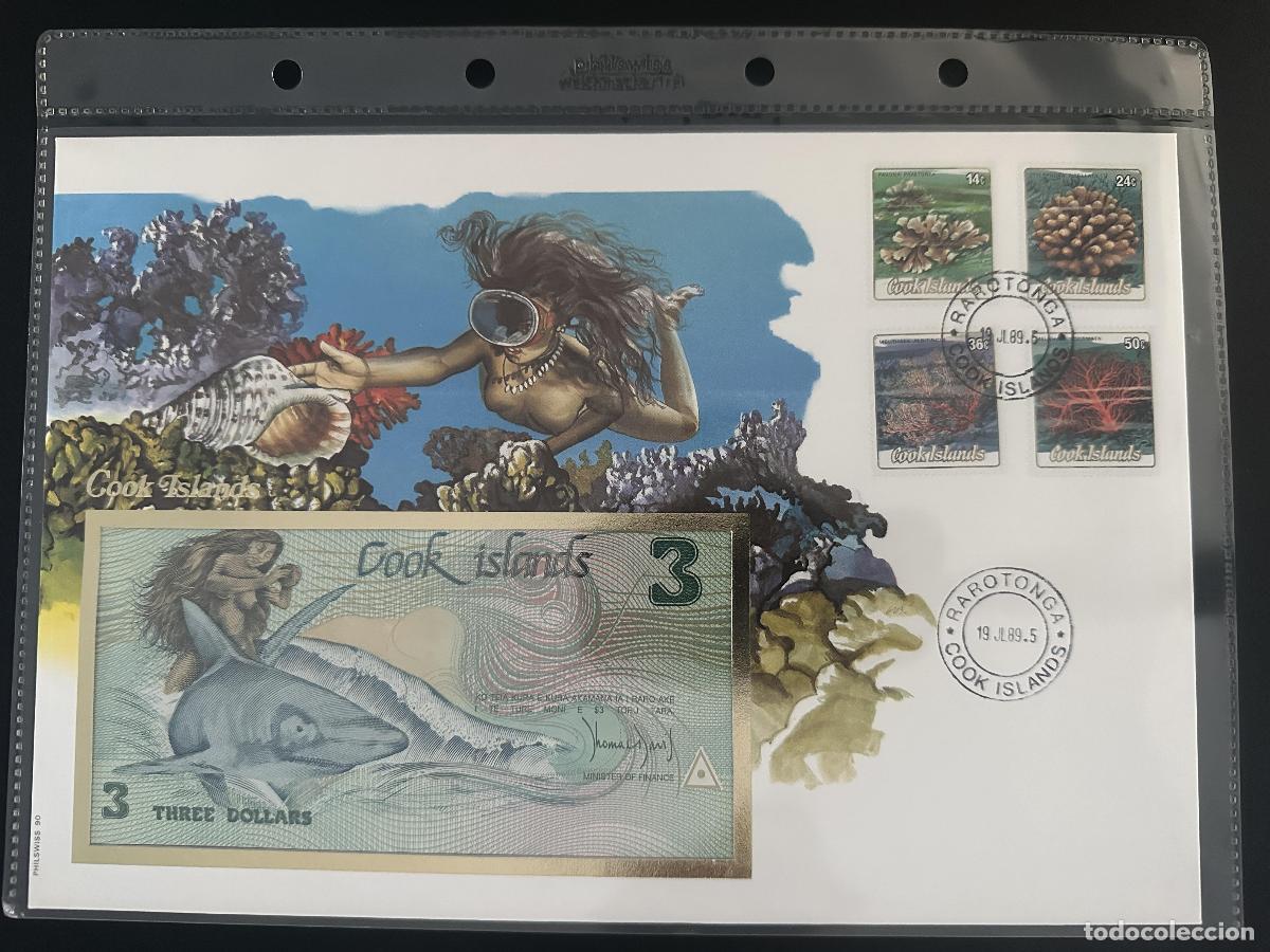 Sellos: Cook Islands 1989 sobre numism&aacute;tico billete 3 d&oacute;lares corales