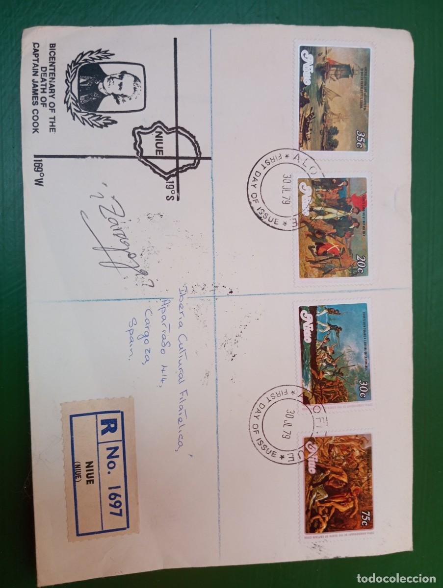 Sellos: BICENTENARIO DEL CAPITAN COOK, CERTIFICADO DE NIUE A ZARAGOZA, SPD
