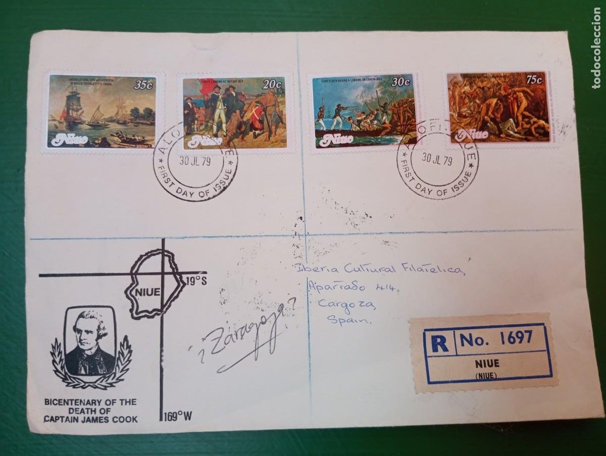 Sellos: BICENTENARIO DEL CAPITAN COOK, CERTIFICADO DE NIUE A ZARAGOZA, SPD