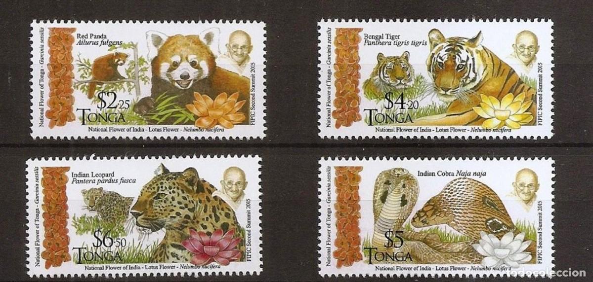 Sellos: TONGA 2015 4 STAMPS MNH GANDHI FLORES FAUNA LEOPARDOS TIGRES SERPIENTES OSOS PANDAS FELINOS WILDLIFE