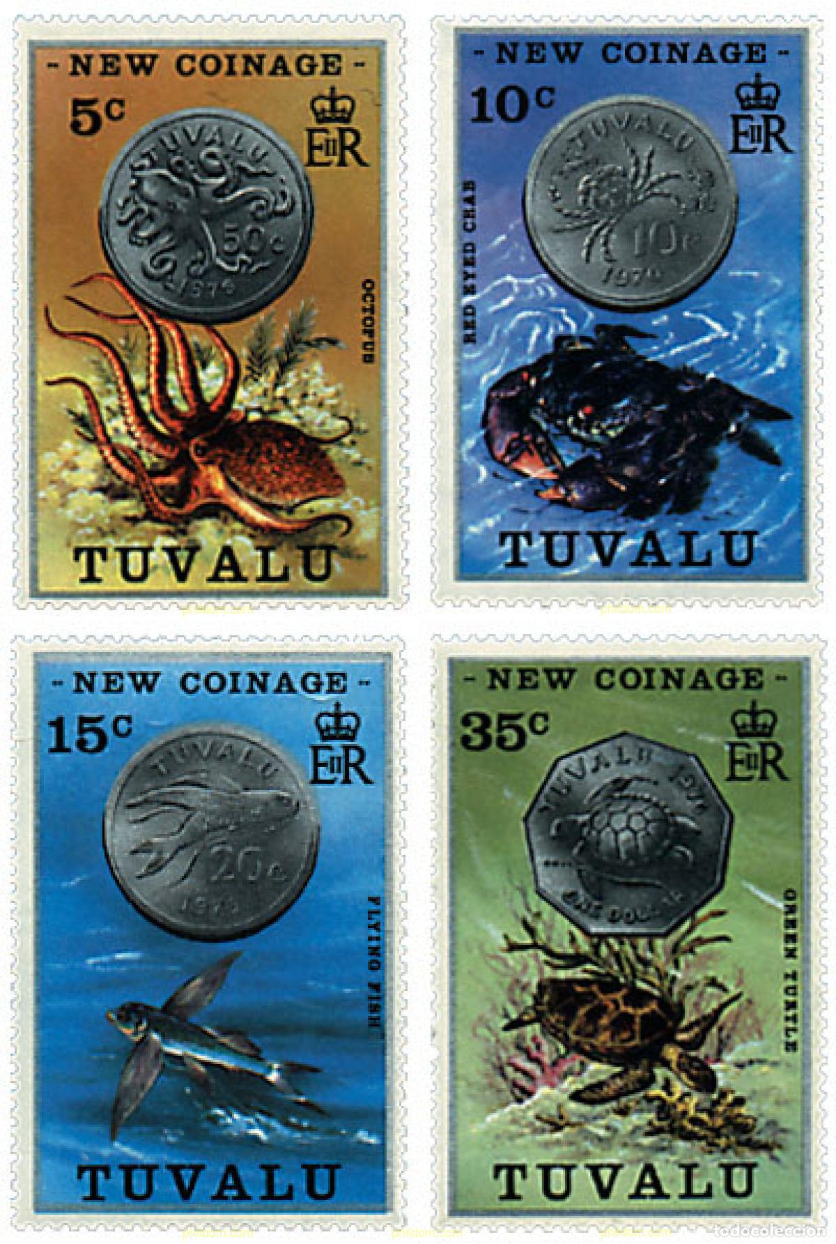 Sellos: 42871 MNH TUVALU 1976 NUEVA MONEDA Y FAUNA MARINA
