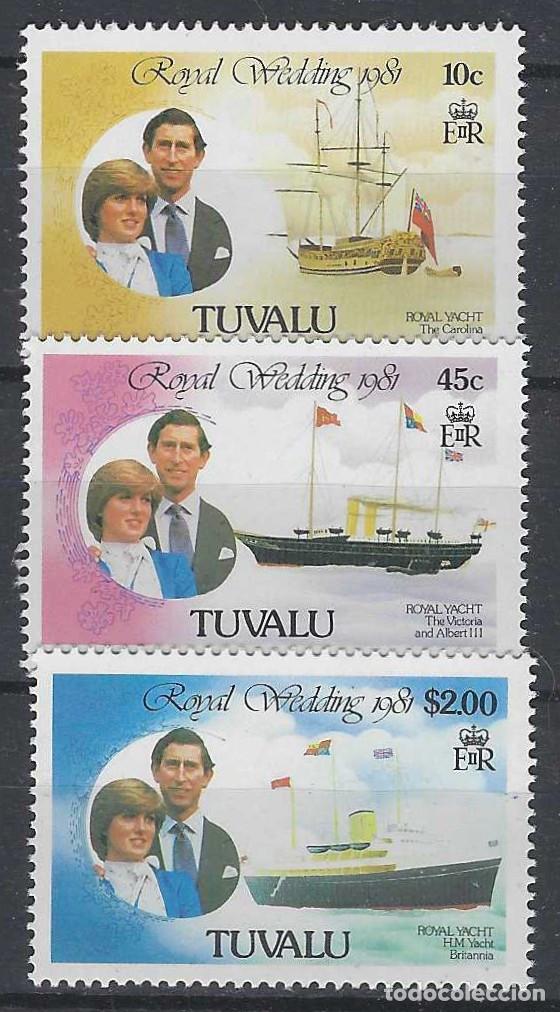 Sellos: TUVALU 1981 - BODA REAL ENTRE EL PR&Iacute;NCIPE CARLOS Y DIANA SPENCER, YATES REALES, 3 VALORES - **