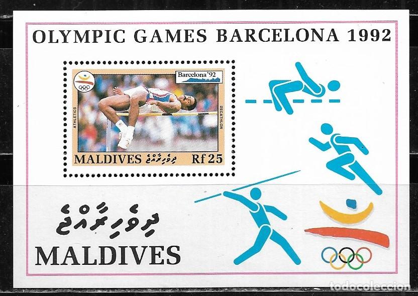 Sellos: MALDIVAS 1992, HOJA BLOQUE - JUEGOS OL&Iacute;MPICOS BARCELONA 92. MNH.