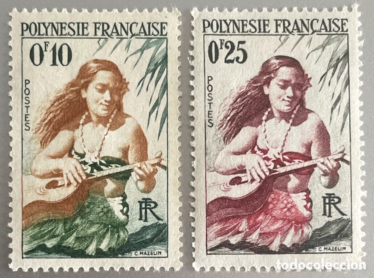 Sellos: Polinesia Francesa. Polinesios. Mujer guitarra. 1958