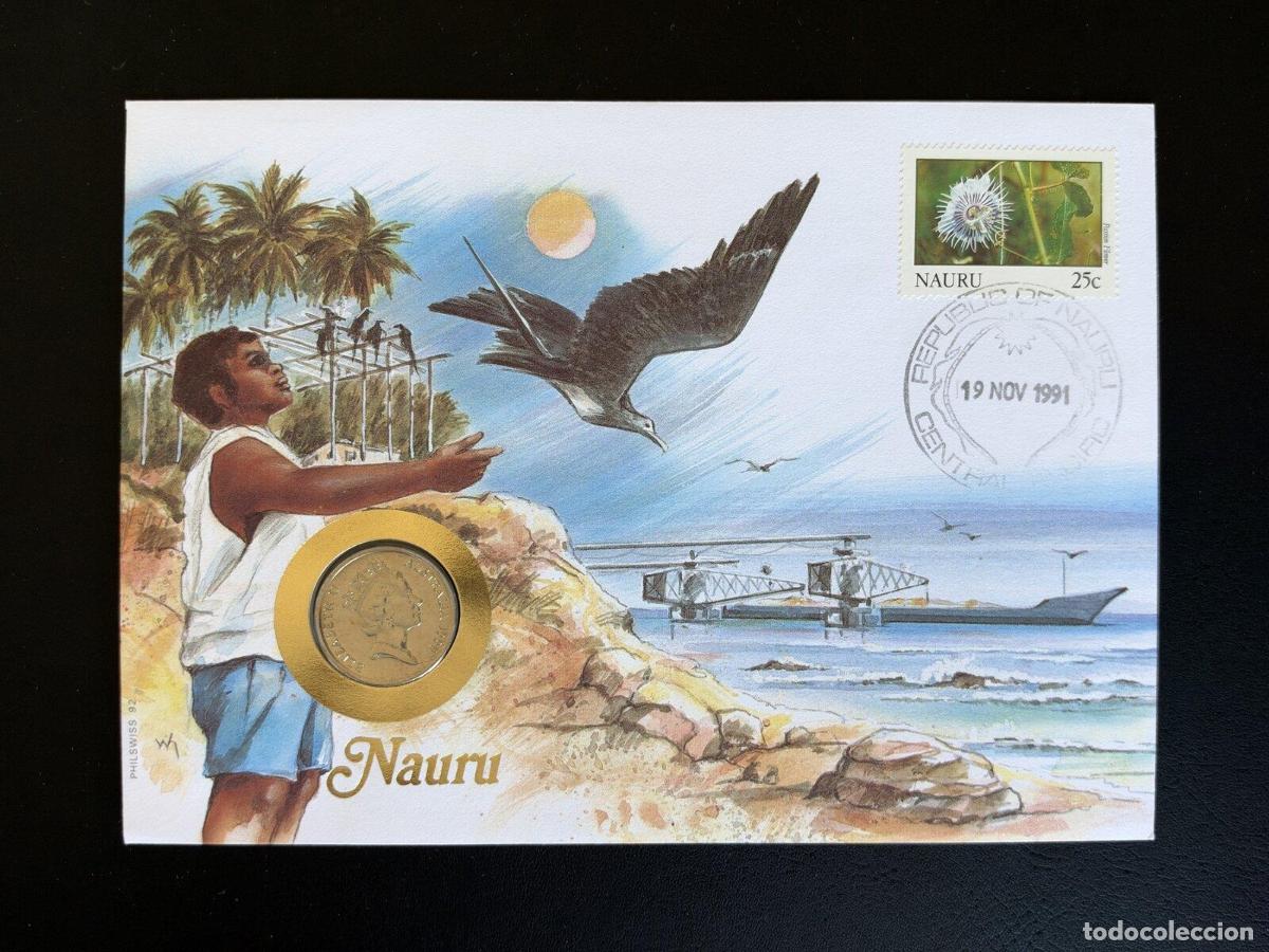 Sellos: Nauru sobre numism&aacute;tico FDC 1991 sello 25c flor Philswiss