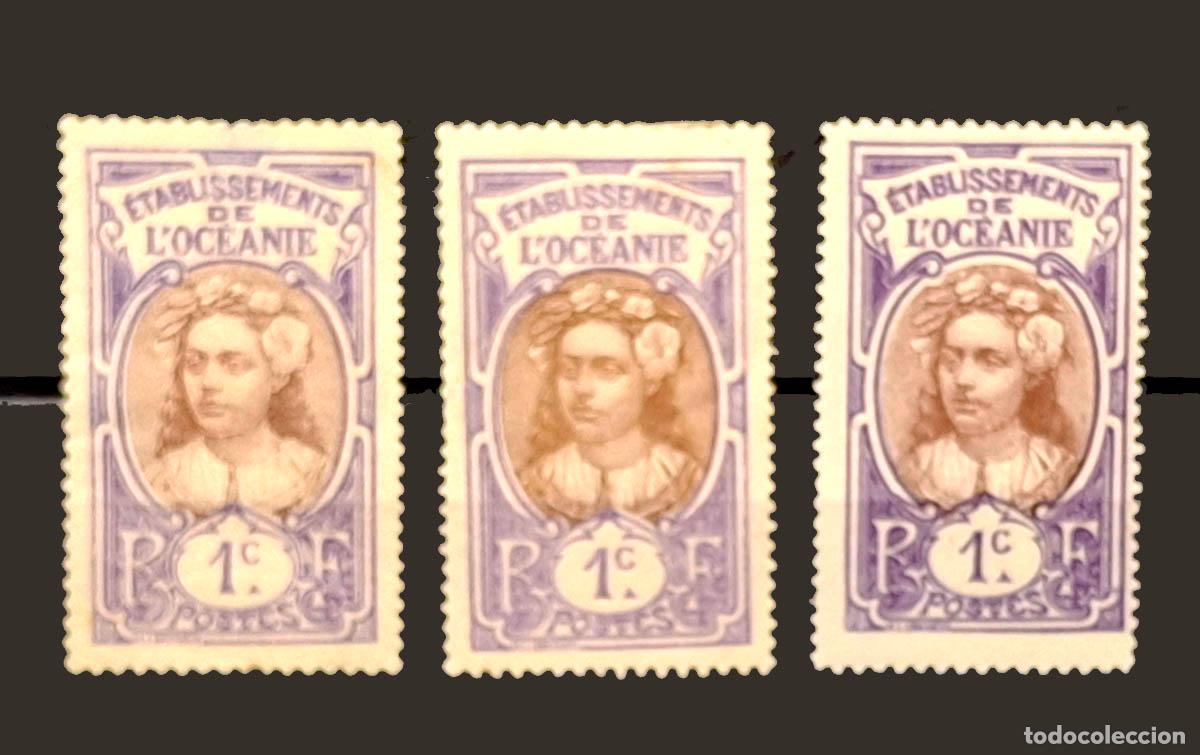 Sellos: 1913, 3 sellos de 1 c&eacute;ntimo de Establecimientos de Ocean&iacute;a (&Eacute;tablissements de l'Oc&eacute;anie) con charnel
