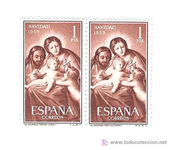 Francobolli: 2 SELLOS NAVIDAD A&Ntilde;O 1959, EDIFIL 1253-BLOQUE DE 2
