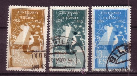 Sellos: ESPA&Ntilde;A 1180/82 - A&Ntilde;O 1955 - CENTENARIO DEL TEL&Eacute;GRAFO - Foto 1