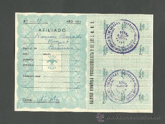 Sellos: L17-19 FALANGE - Hoja-carnet de afiliado, de 1 Pta, del A&ntilde;o 1950, con los 12 sellos de todo el a&ntilde;o