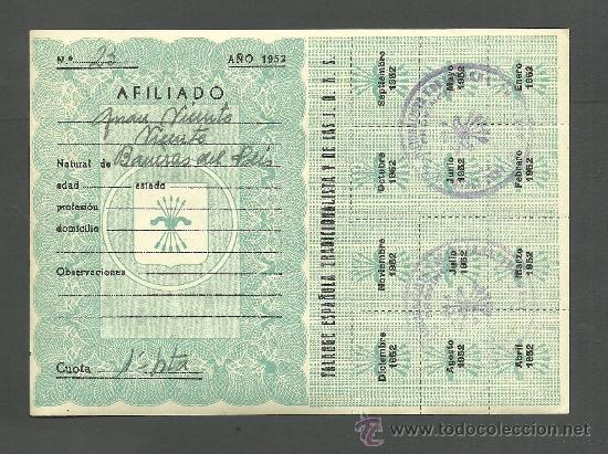 Sellos: L17-19 FALANGE - Hoja-carnet de afiliado, de 1 Pta, del A&ntilde;o 1952, totalmente engomada, con los sello
