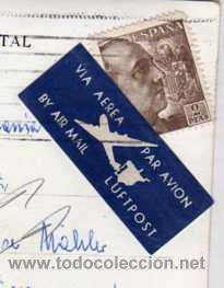 Sellos: Marca de avion. Via aerea sobre tarjeta postal de Granada. - Foto 1