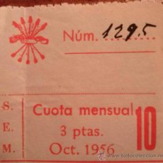Sellos: RARISIMA CUOTA MENSUAL DE 3 PESETAS DE LA SEM DE MURCIA. FALANGE. 1956. Lote 35483592