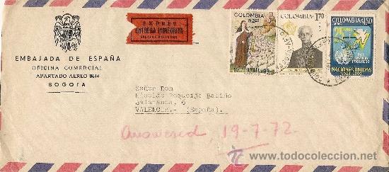 Sellos: SOBRE AEREO EXPRES - URGENTE - EMBAJADA DE ESPA&Ntilde;A - Foto 1