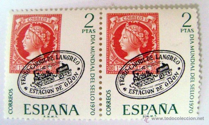 Sellos: (2) 2 SELLOS DIA MUNDIAL DEL SELLO 1970. FERROCARRIL LANGREO. ESTACION GIJON. 2 PTAS.