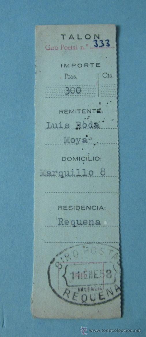 Sellos: RESGUARDO GIRO POSTAL REQUENA 11 ENE 58 - Foto 1