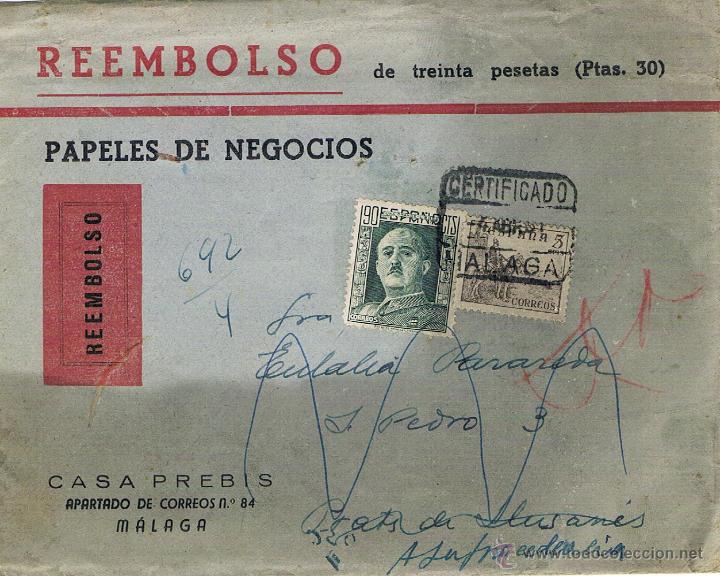 Sellos: MALAGA - SOBRE CERTIFICADO REEMBOLSO - CASA PREBIS - RARO - Foto 1