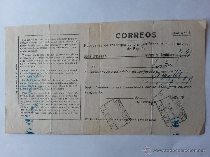 Sellos: Resguardo de carta certificada en 1959 matasellos de leon - Foto 1