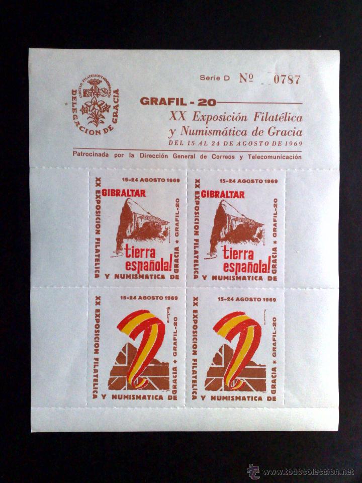 Sellos: HOJA BLOQUE DE 4 VI&Ntilde;ETAS (**) MNH-XX EXP.FILATELICA Y NUMISMATICA-GIBRALTAR TIERRA ESPA&Ntilde;OLA (1969)