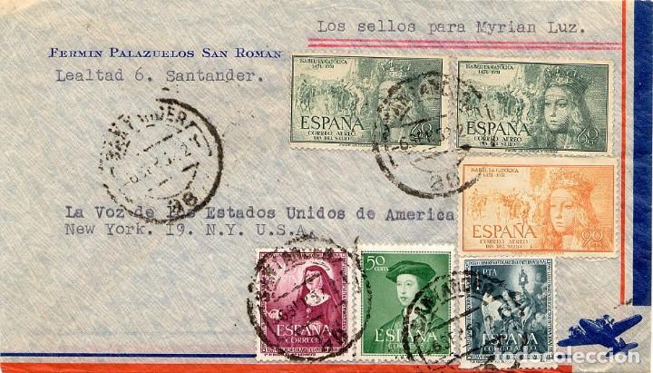 Sellos: SOBRE DE SANTANDER 6 SEP 1952 A ESTADOS UNIDOS. - Foto 1