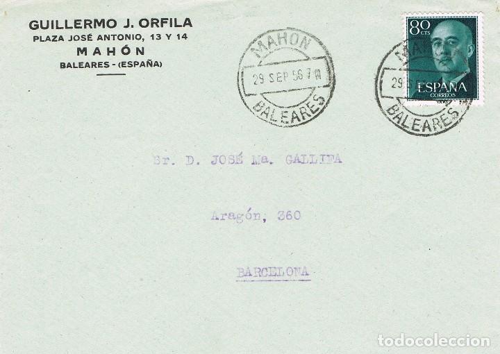 Sellos: 0199. Frontal comercial MAHON (Baleares) 1956 a Barcelona - Foto 1