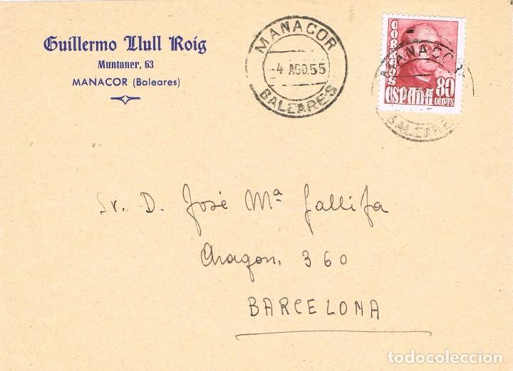 Sellos: 0200. Frontal comercial MANACOR (Baleares) 1955 a Barcelona - Foto 1