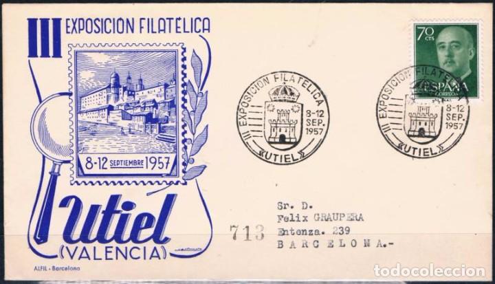 Sellos: 1957.-  UTIEL (VALENCIA) A BARCELONA - Foto 1