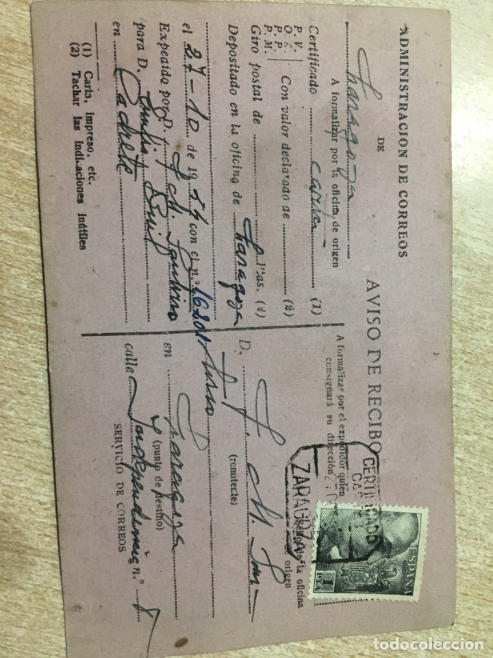 Sellos: Tarjeta postal aviso de recibo correos 1954 - Foto 1