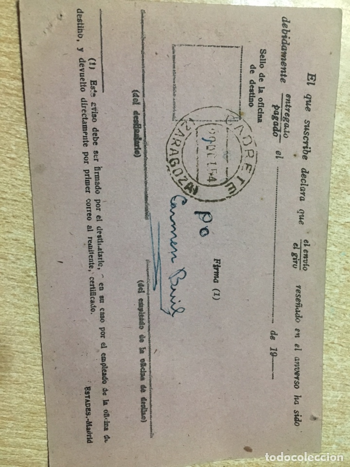 Sellos: Tarjeta postal aviso de recibo correos 1954 - Foto 2