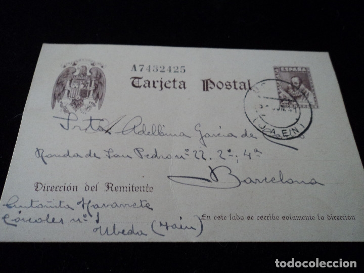 Sellos: tarjeta postal 1941 jaen barcelona - Foto 1
