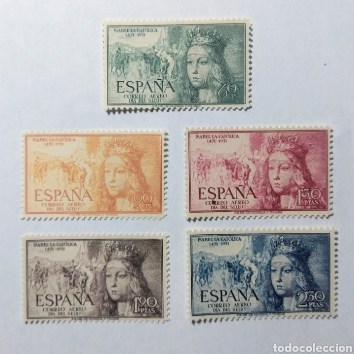 Sellos: 1951. V Cent. Isabel Cat&oacute;lica. Ed.1097/1101**. - Foto 1