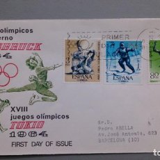 Sellos: ESPAÑA - 1964 - SOBRE / MATASELLOS Y SELLOS PRIMER DIA DE CIRCULACION - JUEGOS OLIMPICOS 1964.. Lote 192979723