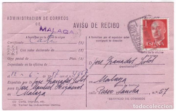 Sellos: Aviso de Recibo carta certificada M&aacute;laga (Junio 1957) - Foto 1