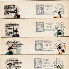 Francobolli: ESPAÑA 1975 SPD: 17.JUL.75 ''UNIFORMES MILITARES-V'' ED.2277/81 EN 5 SOBRES. MUY BONITOS./ FLASH