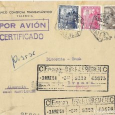 Sellos: 1951 CARTA CERTIFICADO VALENCIA A ALEMANIA. CORREO AÉREO